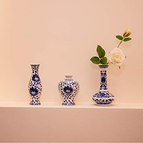 Сет од 3 мали сини и бели порцелански вазни, сламбени порцелански вазни сет од 3, класични керамички цветни вазни за домашен декор