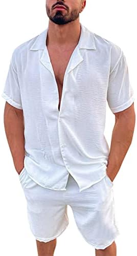 Машка памучна постелнина Хавајски сет со кратки ракави за кратки ракави надолу кошула и шорцеви лабава лесна лесна облека за одмор на плажа