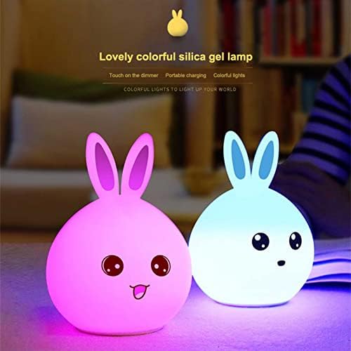 Xianfei Симпатична зајак ноќна ламба за деца со сензор за допир и далечински, меки силиконски сон што може да се надополнува, светло за светло, 7 светло за дишење во боја