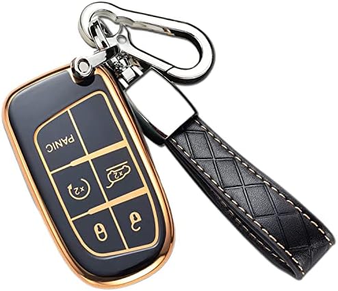 За капакот на Jeep Key FOB со кожен клуч за клучеви, премиум мек TPU заштитен клуч за клучеви за Гранд Чероки Ренегад Крајслер Доџ Рам Патување Дарт Фиат Дуранго Челинџер С