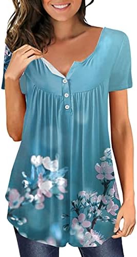 Womenените плус големите врвови се кријат стомачни туники летни маици со краток ракав, симпатична проток Хенли маичка обични облечени блузи