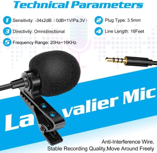 Професионална оценка лавалиер лапел микрофон за чест 50 лајт компатибилен со iPhone телефон или блогирање на фотоапарати со блогирање