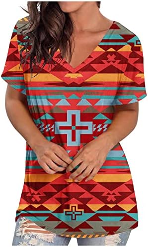 Гроздобер графички маици за жени лабави маички со краток ракав западно Ацтек геометриски принт v вратот врвови летни маички