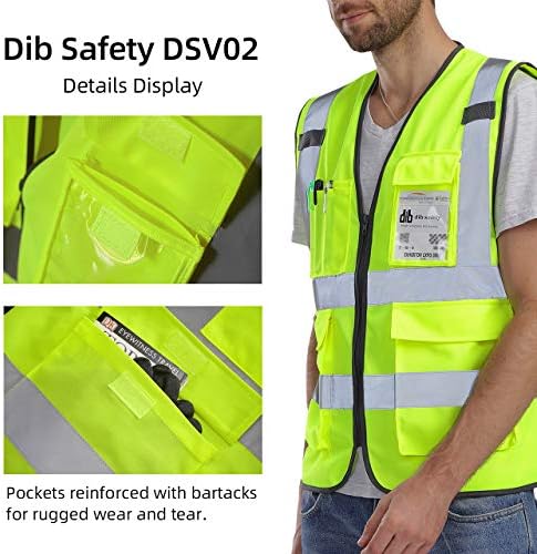 DIB безбедносен елек рефлексивен ANSI Class 2, елек со висока видливост со џебови и патент, градежен работен елек Здраво на жолта XL
