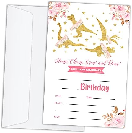 RLCNOT Роденден Покани Картички Со Пликови Во собата на 20-Диносаурус Руменило Розова Злато Цветни Роденден Покани За Деца, Момчиња или Девојчиња,