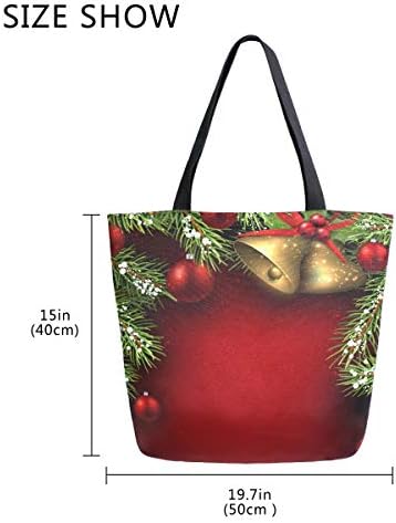 Алаза Божиќни гранки и bellвончиња платно торба за жени за жени патуваат за купување намирници врвни рачки чанти големи количини за еднократно