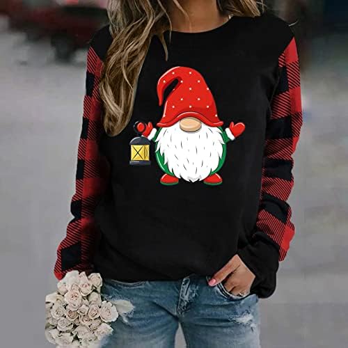 Christmasенски божиќни врвови и блузи, женски божиќни карирани карирани печатени ракави за џемпери, маичка за џемпери долги