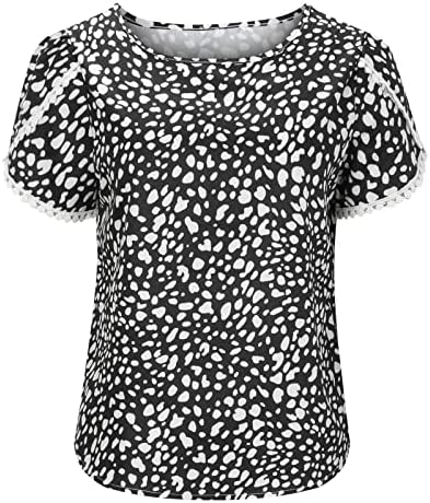 Womenените кошули облечени обични ливчиња со кратки ракави чипка за чипка на врвови од пол -точки печатени екипаж вратот пулвер маички блуза