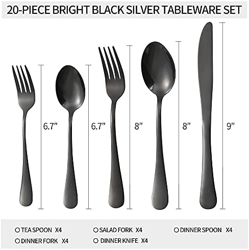 Xingjiake Black Silverware Set 20 парче, прибор за прибор за прибор поставени за 4, не'рѓосувачки челични вилушки и лажици сет за сребро, сет