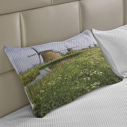 Амбезон ветерница плетена ватенка перница, кантри пејзаж Холандија пролетен цветачки магдонос, стандарден капак за перница со големина на кралицата