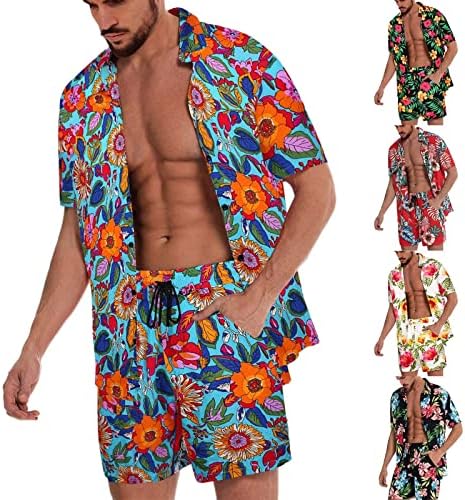 Машка костуми јакни мажи пролетно лето сет обичен цветен плажа поставено тропско лежерно копче надолу со кошула со краток ракав