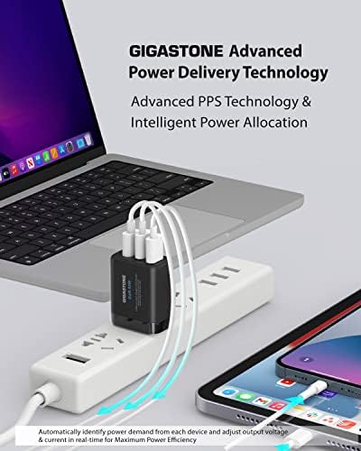 Гигастон 65W USB C Полнач 3-Пакет Gan Power Go PPS Повеќе Порта Интелигентна Распределба На Моќност, Патување Со Преклопен Приклучок, Полнач