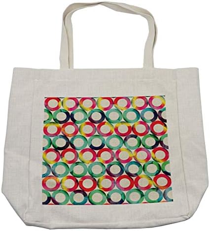 Торба за купување на геометриски кружни кругови, кружни форми на живописен стил, ретро дамки, моден хипстер дизајн, еколошка торба за