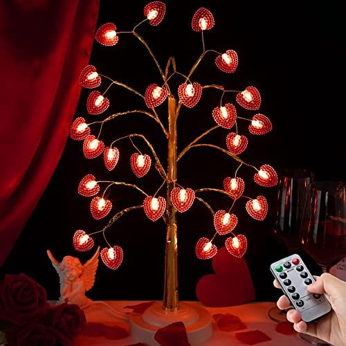 17 Инчен Денот На Вљубените Декор Осветлени Дрво, Вљубените Дрво Светла со 28 ПРЕДВОДЕНИ Светла Срце, 8 Режими USB/Батерија