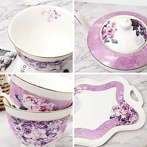 Fanquare 8 парчиња британски порцелан чај, пурпурен цветен кинески чај сет за жени, британска услуга за чај со послужавник