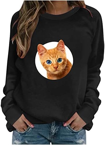 Женска симпатична мачка мачка џемпери пролетна класична екипа на екипаж, обична кошула со долги ракави, туничен врвови на лесен пуловер