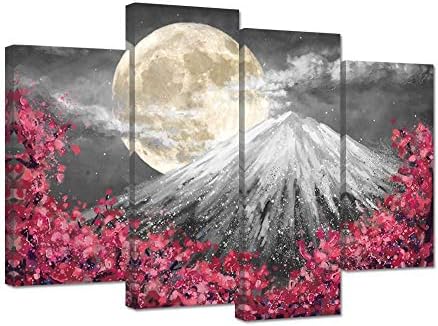 Ihappywall 4 панел цреша цвет цвет полна месечина над планината Фуџи платно wallидна уметност розова и сива сакура пејзаж сликарство