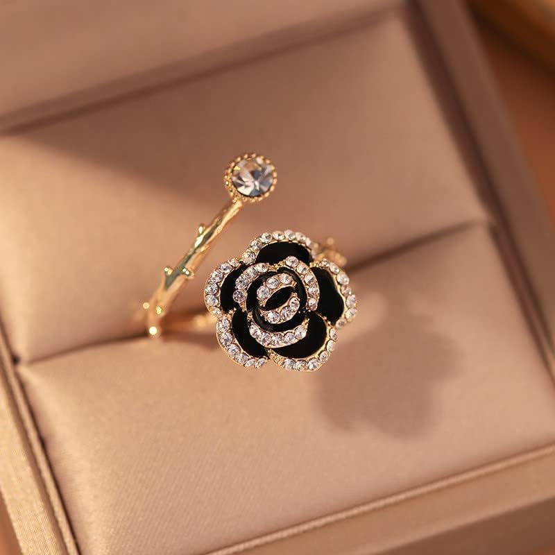 2023 година Нова жена Вклучен ладен дијамантски прстен 2022 Малцински мода чувство на личност Дизајн на личност црна роза отворена ретро