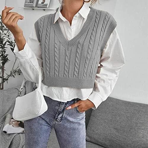 Женски џемпер елеци за обичен V-врат за влечење кошула судир во боја без ракави џемпер елеци