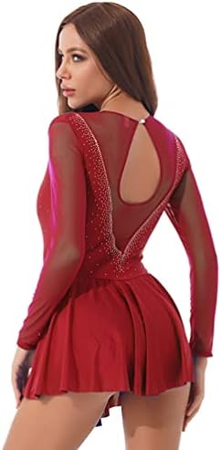 Iiniim женски лирски долги ракави танцувачки фустан Rhinestone фигура на мраз лизгање фустан без грб гимнастика Леотард