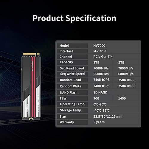 NetAC 1TB PCIE 4.0 NVME SSD M.2 2280 Внатрешен погон на цврста состојба со брзина на загревање на SLC со HeatSink до 7.000MB/s Високи перформанси