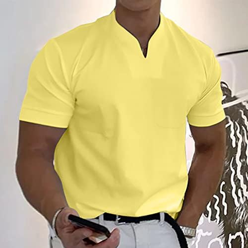 Кошули за вежбање на машки Lcepcy v вратот Краток ракав цврсти машки тенок фит кошули фитнес спорт маици кошули за мажи атлетски жолти