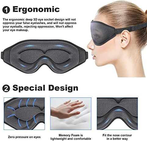 Kichens 2 парчиња за спиење маска за очи за мажи, 3Д контурирана чаша маска за спиење и слепило, конкавно обликувана маска за ноќно спиење,