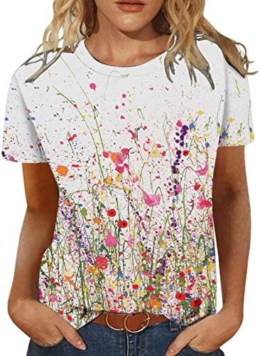 Лето есенски девојки кратки ракави 2023 трендовски екипаж вратот памук графички салон лабава фит блуза маица за женски LS