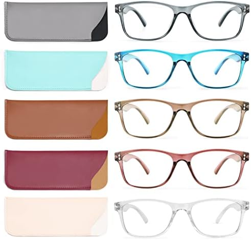Очила за читање на FETRRC сино блокирање на светлина, компјутерски читатели за жени/мажи, анти -сјај/замор чиста модна плоштад за очила 5 пара