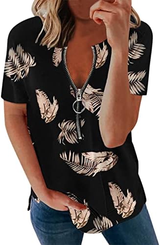 Женски летни врвови жени модни врвни кошули печати туничен v врат патент лабав врвен краток ракав елегантен случај