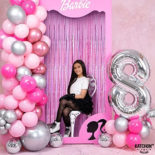 Katchon, Iridescent Pink Fringe Backdrop - 3,2x8 стапки | Ласерски сјај розови стрими за украси за розови забави | Розова позадина