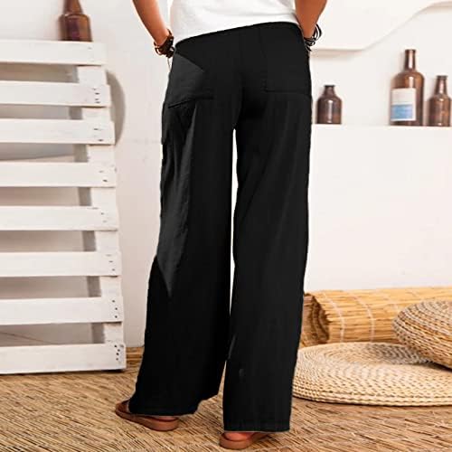 2023 година Нови памучни постелнини панталони за жени, обична удобност широко нозе лабава вклопена рамна предна јога панталони со широки панталони