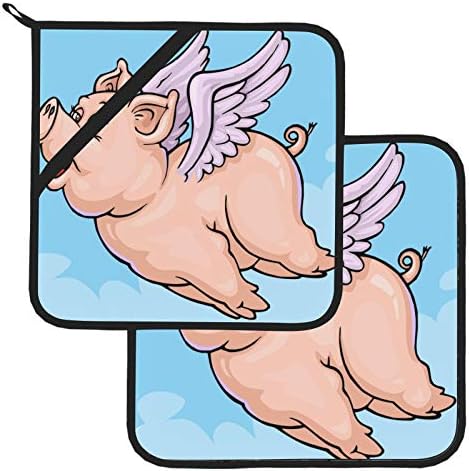 Смешно небо летање свињи кујнски пешкири со држачи за тенџере, отпорна на топлина, топлина Мат 2 парчиња кујнски комплети 8 × 8 инчи за
