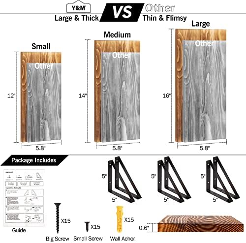 Полици со лебдечки wallидови на Y&M, сет од 3 карбонизирани полици за монтирани wallидови од бор со црни метални држачи, декоративно