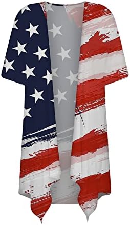 Лента со кошула од три четвртина од ракав, жени Денот на независноста, печати кратки ракави кардигани за жени случајни драперии