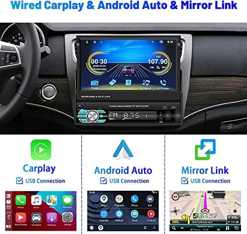 Apple CarPlay Android Auto Single Din Car Stereo Radio, Hikity 7 Inch Flip Out Touch екран на допир Bluetooth огледало врска Аудио