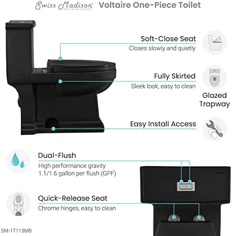 Волтер Едноделен Издолжен Тоалет Со Двојно Испирање 1.1/1.6 gpf Во Мат Црна Боја