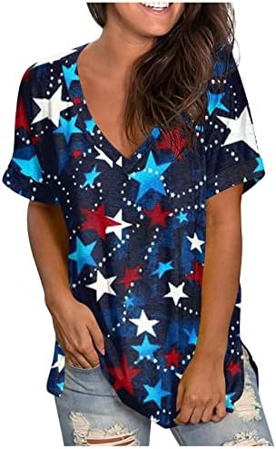 Bluseенски блузи со краток ракав 4 -ти јули патриотски печатен графички врв V врат лабава удобна кошула за блуза, обична маичка за маички