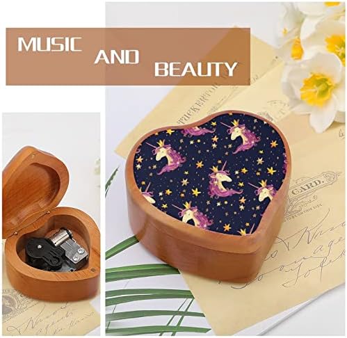 Еднорог starsвезди гроздобер дрвена часовна музичка кутија музичка кутија во форма на срцеви подароци за семејни пријатели на lубовници