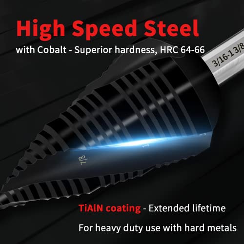 S&F Stead & Fast Cobalt Step Dript Bit For Metal, Three Spiral Flute, 3/16 -1-3/8, 1 PC, Unibit со тешка должност, 3/8 3-рамна лента, HSS M35