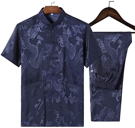 Кинески традиционални мажи змеј печати Танг костум кратки ракави кошула Таичи униформа wushu лабава машка облека кунг фу фут