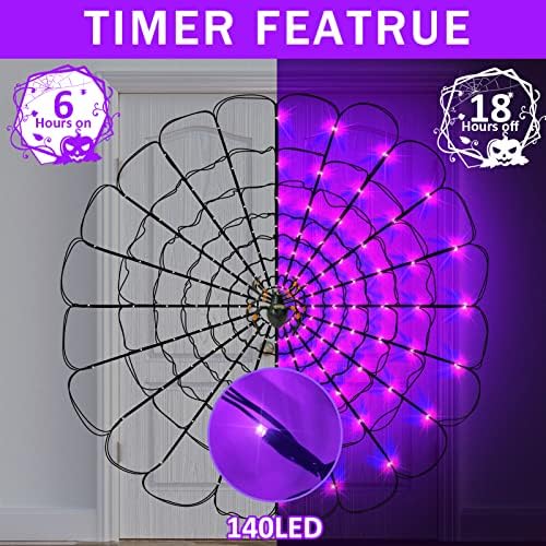 Декорации за Ноќта на вештерките Remon Spider Web Lights, 6,6ft 140 Purple LED водоотпорна светлина на црна пајак веб со голем