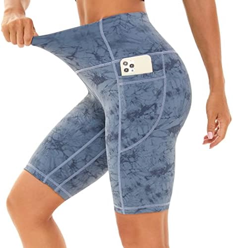 Женски велосипедисти шорцеви со џебови 8 Голем тренинг на половината, јога -вратоврска боја мека спандекс атлетски велосипедски шорцеви за трчање