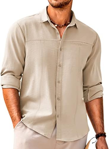 Коофанди машки постелнина кошули случајно копче надолу по долги ракави кошула на плажа со џеб