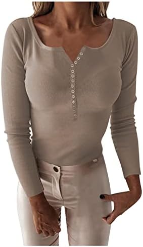 Женски џемпер 2022 копче со долг ракав, обична цврста маичка маица врвови на блузи, пролетни џемпери за 2023 година