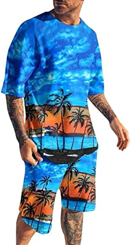 2023 Машка летна тренерка 3Д маичка со краток ракав и кратка плажа Тропски хавајски спортски костум Стилски облеки од 2 парчиња
