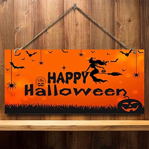 Среќна Ноќта на вештерките куќа дома украс трем или wallиден знак Смешно виси дрвена плакета декорација 12x6 инчи
