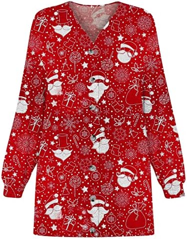 Божиќен кардиган за жени цртан филм Санта Печати лесен отворен предниот дел од кардиган лежерен графички палто со долг ракав