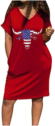 HCJKDU 4 -ти јули фустани за жени против вратот Краток ракав во САД знаме мини фустан страствен патриотски краток фустан џебови