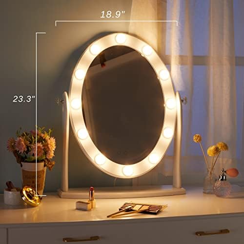 Луксфурни Суета Огледало со Светла, 12 LED Светла Шминка Огледало Паметни Контрола На Допир Затемнување 3 Режими На Бои, 90°Ротација,